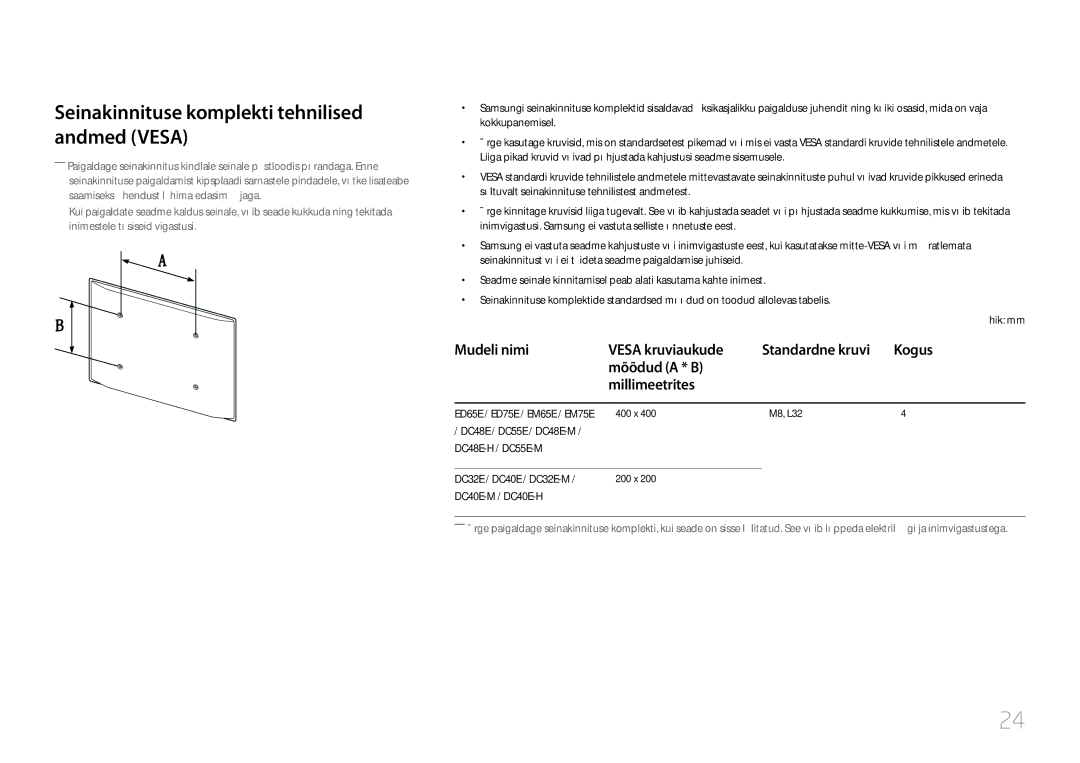 Samsung LH32DCEPLGC/EN Seinakinnituse komplekti tehnilised andmed Vesa, Mudeli nimi Vesa kruviaukude, DC40E-M / DC40E-H 