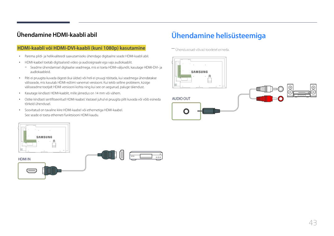 Samsung LH65EMEPLGC/EN, LH75EDEPLGC/EN Ühendamine helisüsteemiga, HDMI-kaabli või HDMI-DVI-kaabli kuni 1080p kasutamine 