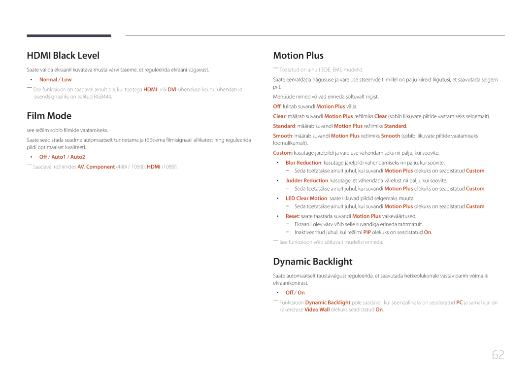 Samsung LH75EMEPLGC/EN, LH75EDEPLGC/EN, LH40DCEPLGC/EN manual Hdmi Black Level, Film Mode, Motion Plus, Dynamic Backlight 