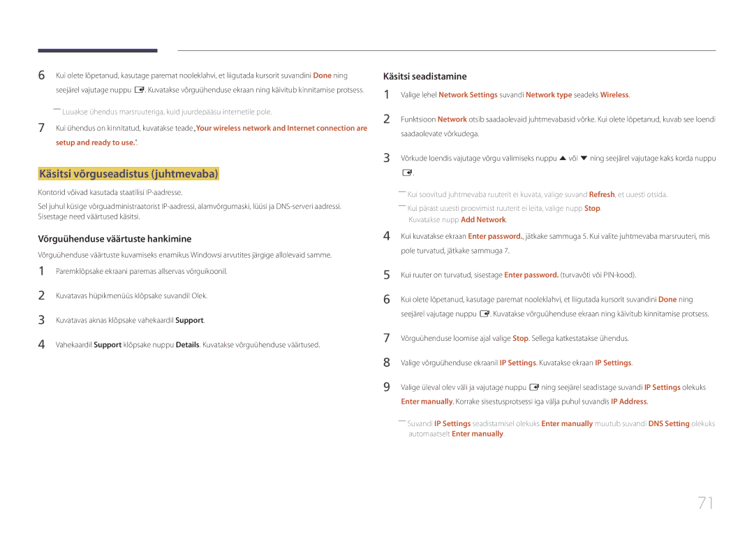 Samsung LH75EMEPLGC/EN manual Käsitsi võrguseadistus juhtmevaba, Paremklõpsake ekraani paremas allservas võrguikoonil 