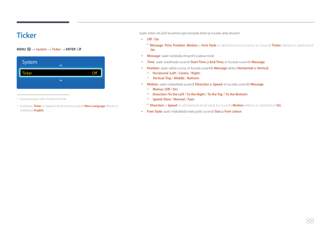 Samsung LH65EMEPLGC/EN, LH75EDEPLGC/EN manual Menu m → System → Ticker → Enter E, Vertical Top / Middle / Bottom 