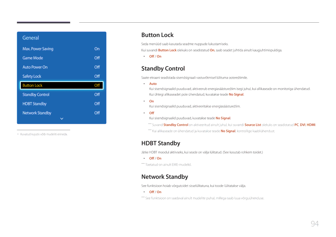 Samsung LH40DCEMLGC/EN, LH75EDEPLGC/EN, LH40DCEPLGC/EN manual Button Lock, Standby Control, Hdbt Standby, Network Standby 