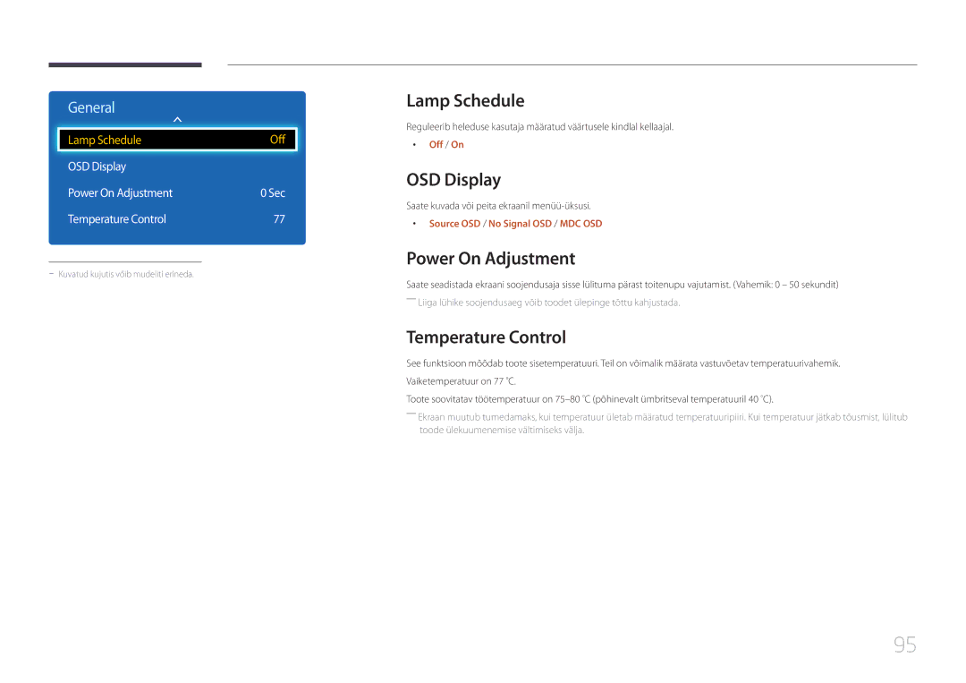 Samsung LH55DCEPLGC/EN, LH75EDEPLGC/EN, LH40DCEPLGC/EN Lamp Schedule, OSD Display, Power On Adjustment, Temperature Control 