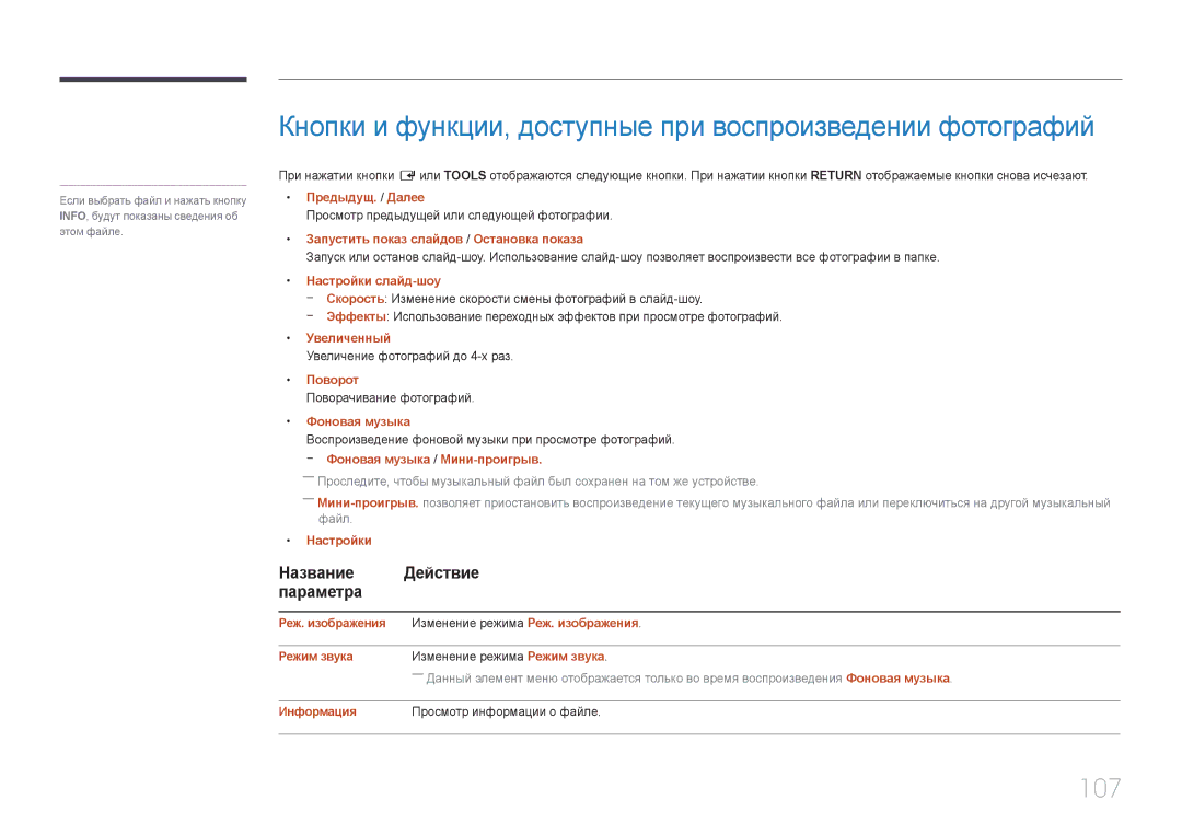 Samsung LH75EMEPLGC/EN manual Кнопки и функции, доступные при воспроизведении фотографий, 107, Название Действие Параметра 