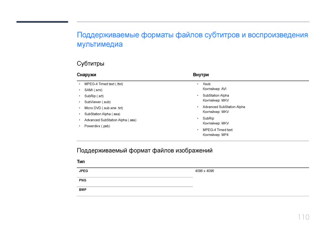 Samsung LH48DCEPLGC/EN, LH75EDEPLGC/EN manual 110, Субтитры, Поддерживаемый формат файлов изображений, Снаружи, Тип 