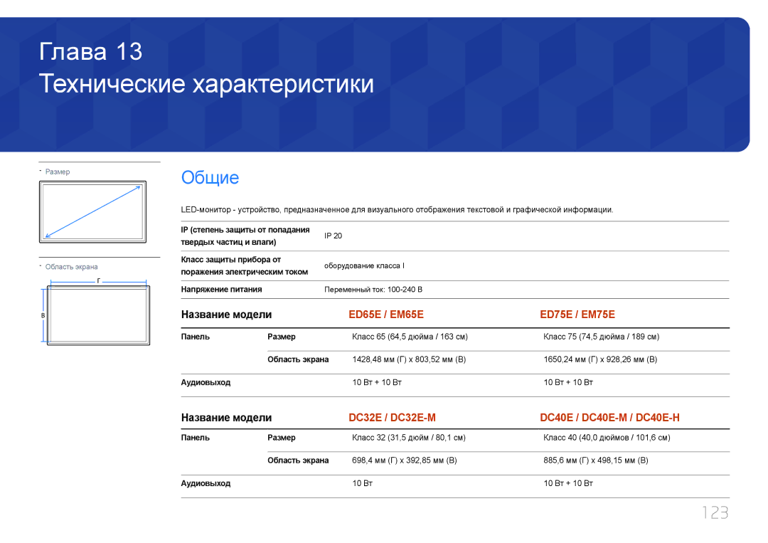 Samsung LH32DCEPLGC/EN, LH75EDEPLGC/EN, LH40DCEPLGC/EN, LH48DCEPLGC/EN manual Технические характеристики, 123, Название модели 