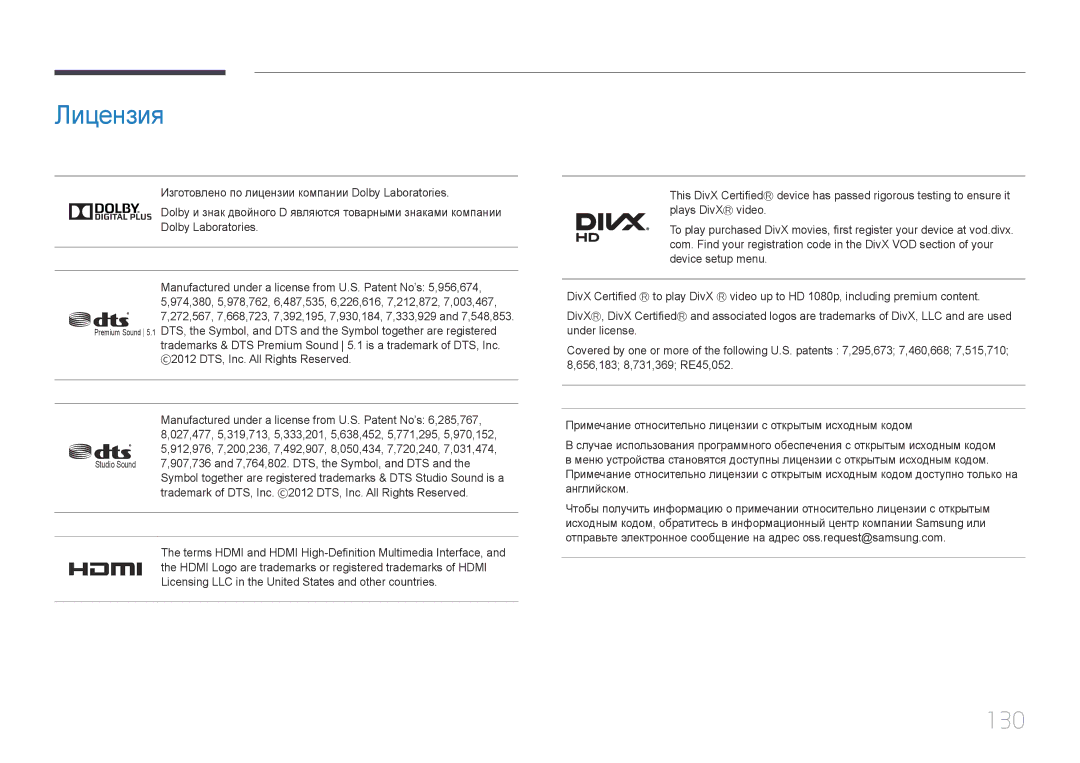 Samsung LH40DCEMLGC/EN, LH75EDEPLGC/EN, LH40DCEPLGC/EN, LH48DCEPLGC/EN, LH65EDEPLGC/EN, LH55DCEPLGC/EN manual Лицензия, 130 