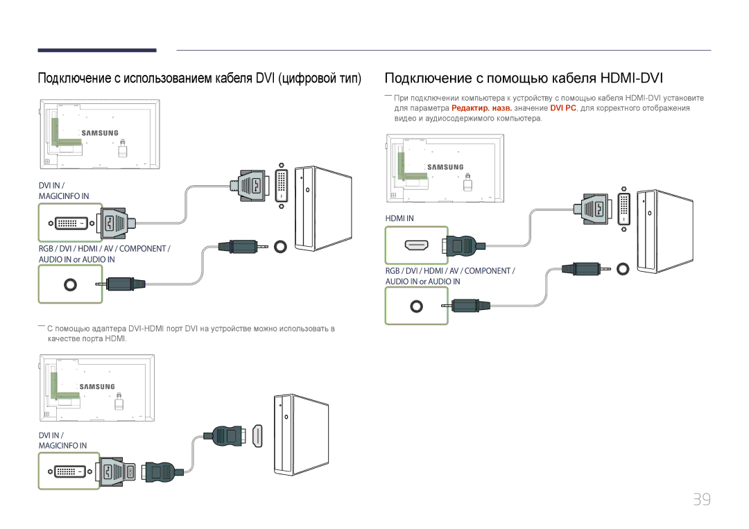 Samsung LH65EDEPLGC/EN manual Подключение с помощью кабеля HDMI-DVI, Подключение с использованием кабеля DVI цифровой тип 