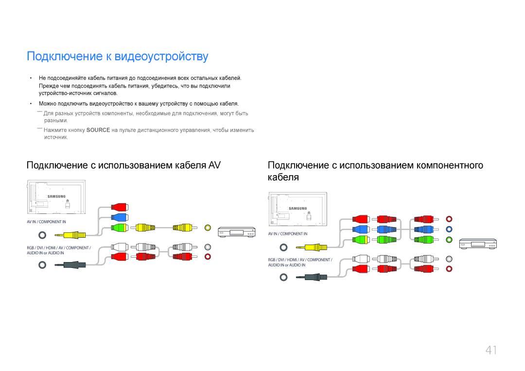 Samsung LH55DCEPLGC/EN, LH75EDEPLGC/EN, LH40DCEPLGC/EN, LH48DCEPLGC/EN, LH65EDEPLGC/EN manual Подключение к видеоустройству 