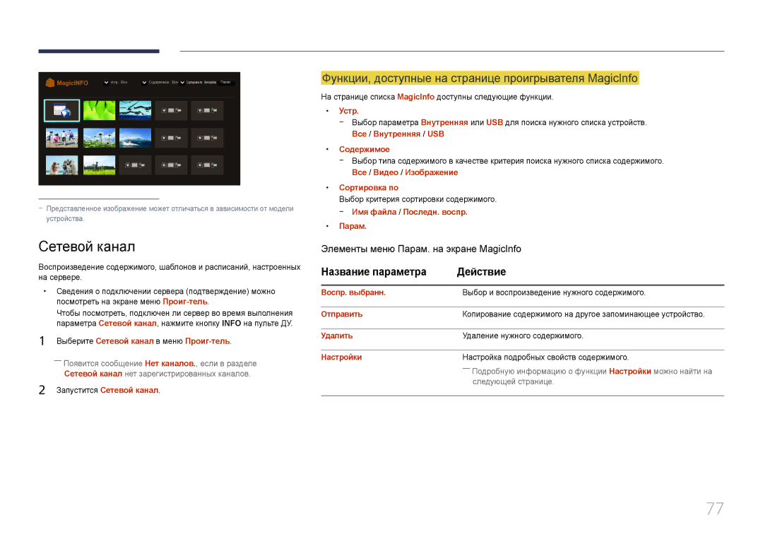 Samsung LH55DCEPLGC/EN Сетевой канал, Функции, доступные на странице проигрывателя MagicInfo, Название параметра Действие 