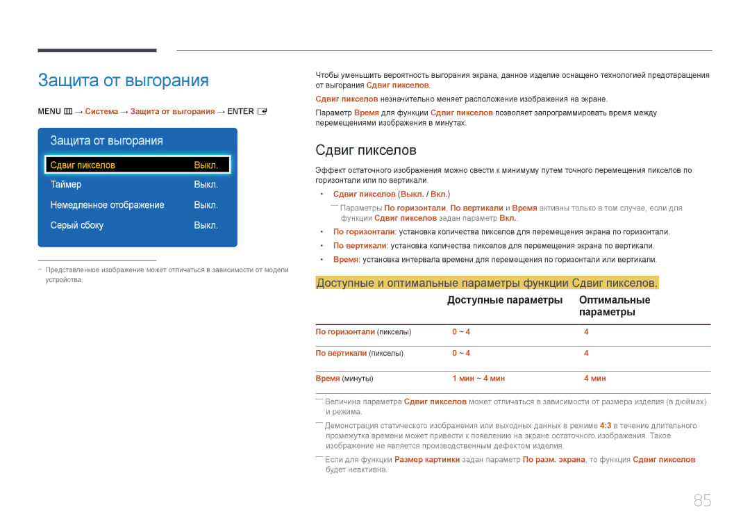 Samsung LH40DCEMLGC/EN, LH75EDEPLGC/EN Защита от выгорания, Доступные и оптимальные параметры функции Сдвиг пикселов 