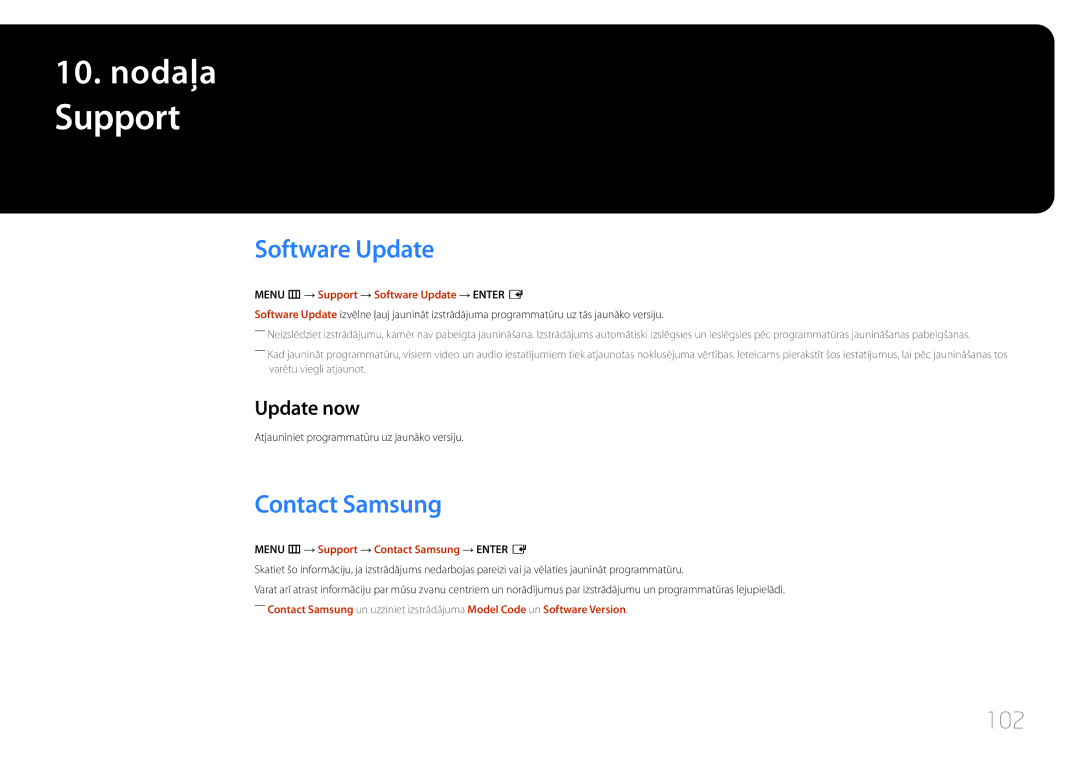 Samsung LH65EDEPLGC/EN, LH75EDEPLGC/EN, LH40DCEPLGC/EN manual Support, Software Update, Contact Samsung, 102, Update now 