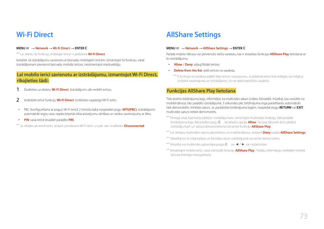Samsung LH40DCEPLGC/EN, LH75EDEPLGC/EN Funkcijas AllShare Play lietošana, Menu m → Network → Wi-Fi Direct → Enter E 