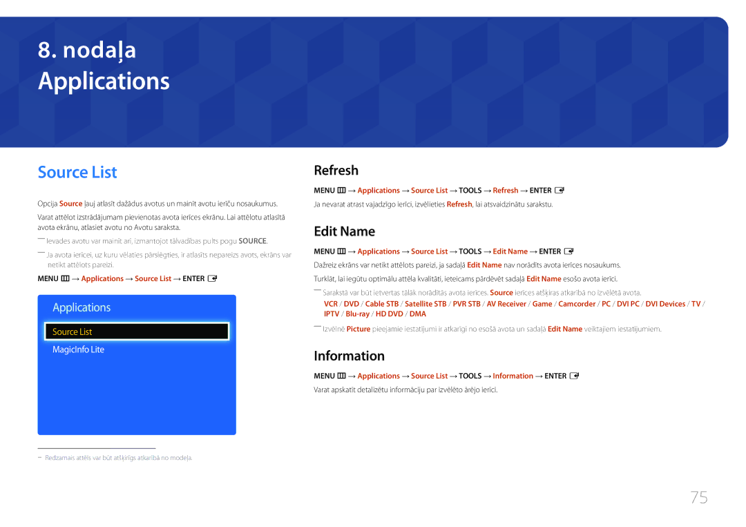 Samsung LH65EDEPLGC/EN, LH75EDEPLGC/EN, LH40DCEPLGC/EN manual Applications, Source List, Refresh, Edit Name, Information 