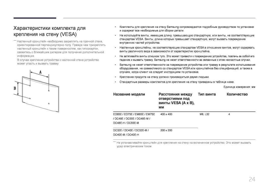 Samsung LH32DCEPLGC/EN Характеристики комплекта для крепления на стену VESA, Название модели, Расстояния между, Тип винта 