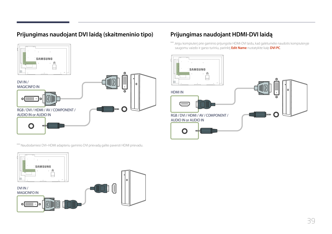 Samsung LH65EDEPLGC/EN manual Prijungimas naudojant DVI laidą skaitmeninio tipo, Prijungimas naudojant HDMI-DVI laidą, Hdmi 