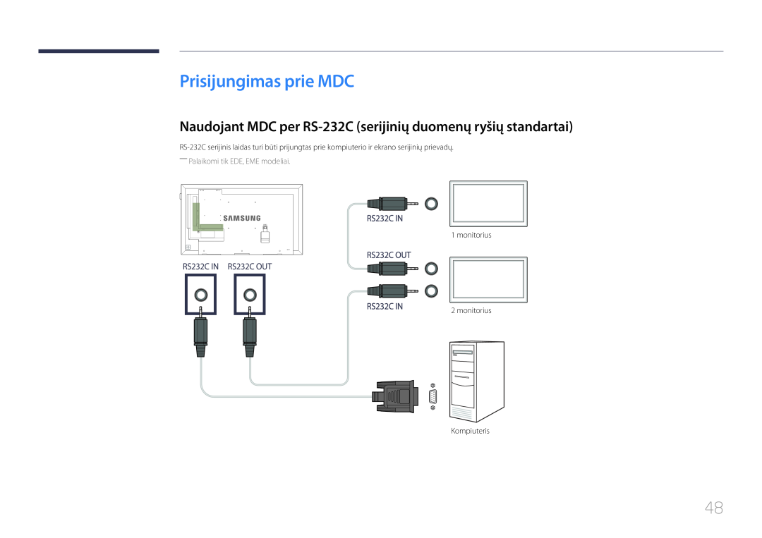 Samsung LH65EDEPLGC/EN manual Prisijungimas prie MDC, Naudojant MDC per RS-232C serijinių duomenų ryšių standartai 
