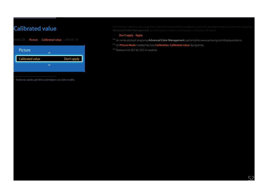 Samsung LH65EMEPLGC/EN, LH75EDEPLGC/EN manual MENU m → Picture → Calibrated value → ENTER E, Dont apply / Apply 