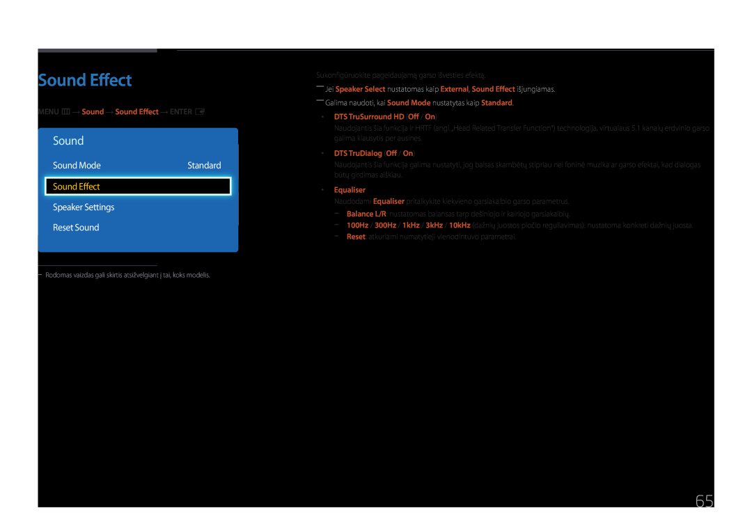 Samsung LH48DCEPLGC/EN manual MENU m → Sound → Sound Effect → ENTER E, Standard, DTS TruSurround HD Off / On, Equaliser 