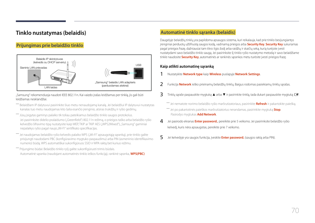 Samsung LH65EMEPLGC/EN Tinklo nustatymas belaidis, Prijungimas prie belaidžio tinklo, Automatinė tinklo sąranka belaidis 
