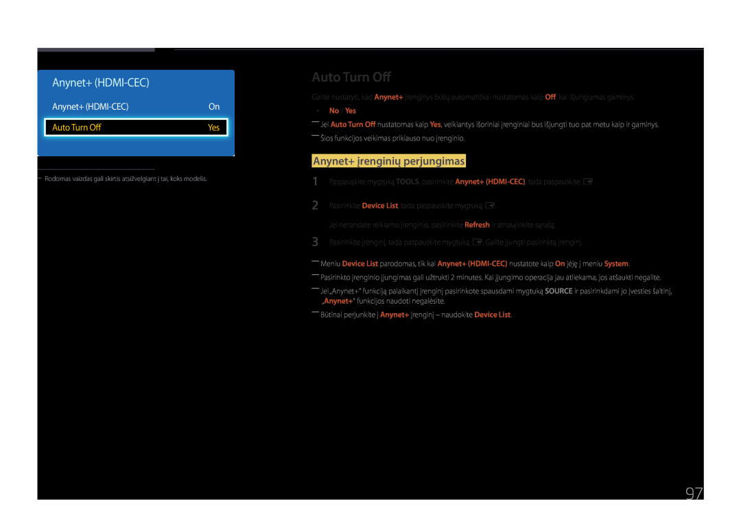 Samsung LH65EMEPLGC/EN, LH75EDEPLGC/EN manual Auto Turn Off, Anynet+ įrenginių perjungimas, Anynet+ HDMI-CEC, No / Yes 