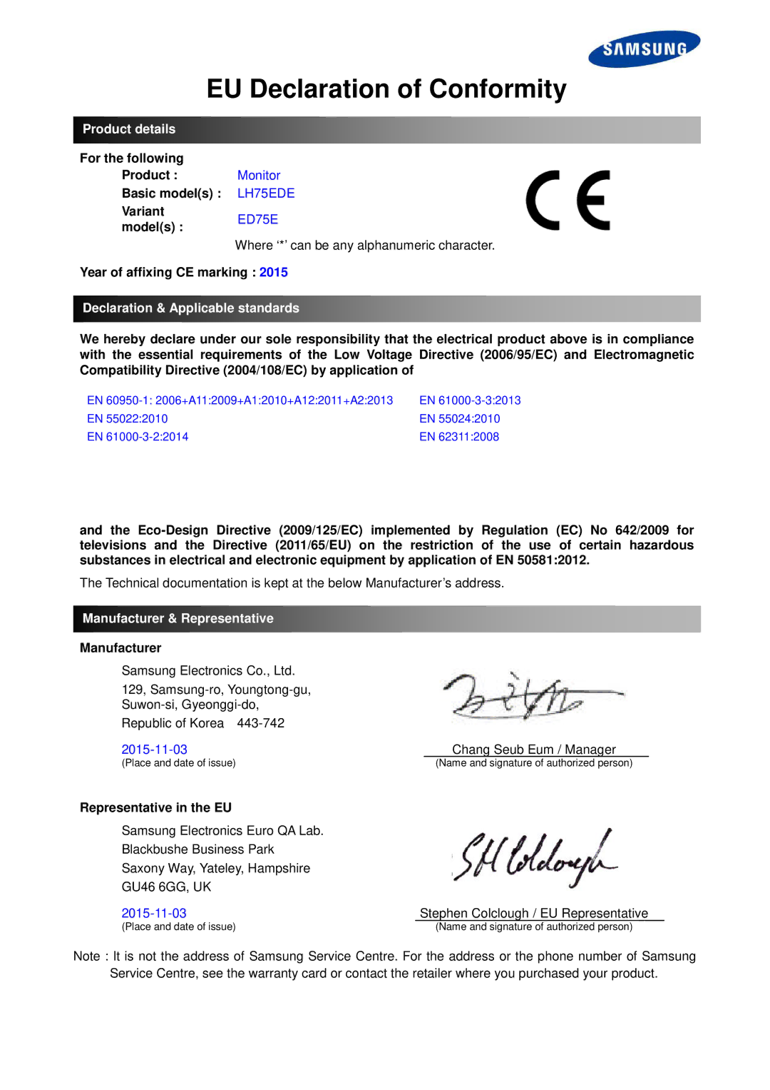 Samsung LH65EDEPLGC/EN manual EU Declaration of Conformity, Product details, Declaration & Applicable standards 