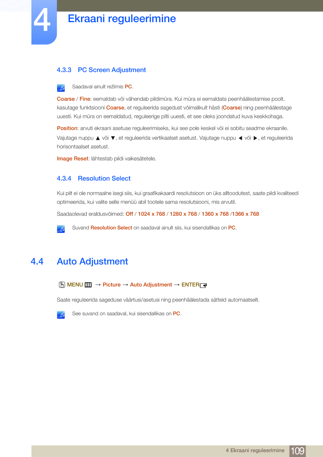 Samsung LH75MEBPLGC/EN manual PC Screen Adjustment, Resolution Select, Menu m Picture Auto Adjustment Enter 