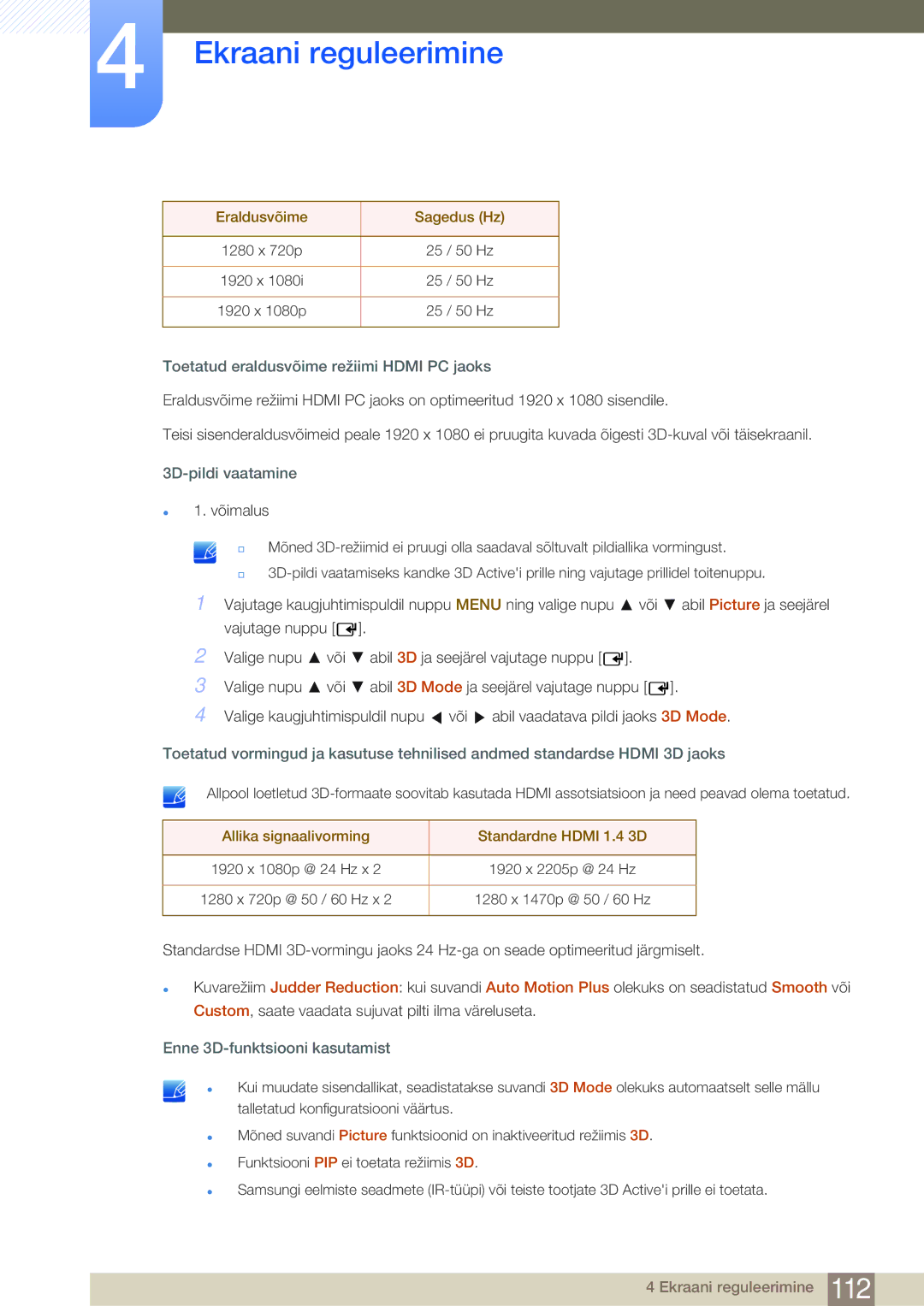 Samsung LH75MEBPLGC/EN manual Eraldusvõime Sagedus Hz, Toetatud eraldusvõime režiimi Hdmi PC jaoks 