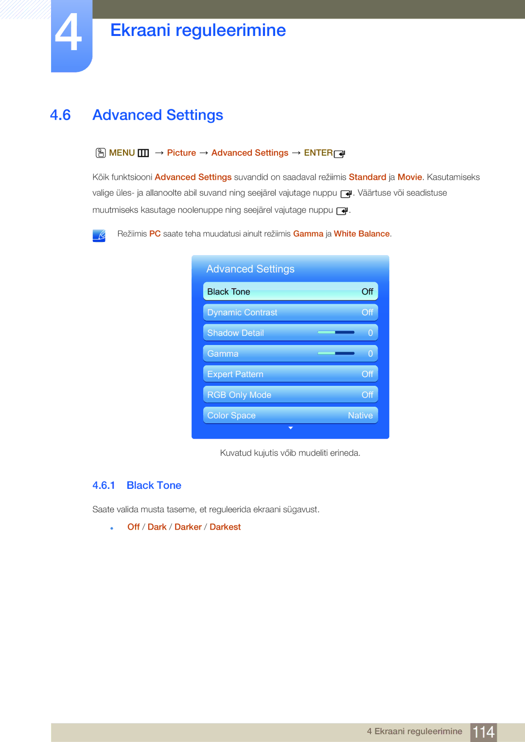 Samsung LH75MEBPLGC/EN manual Black Tone, Menu m Picture Advanced Settings Enter, Off / Dark / Darker / Darkest 