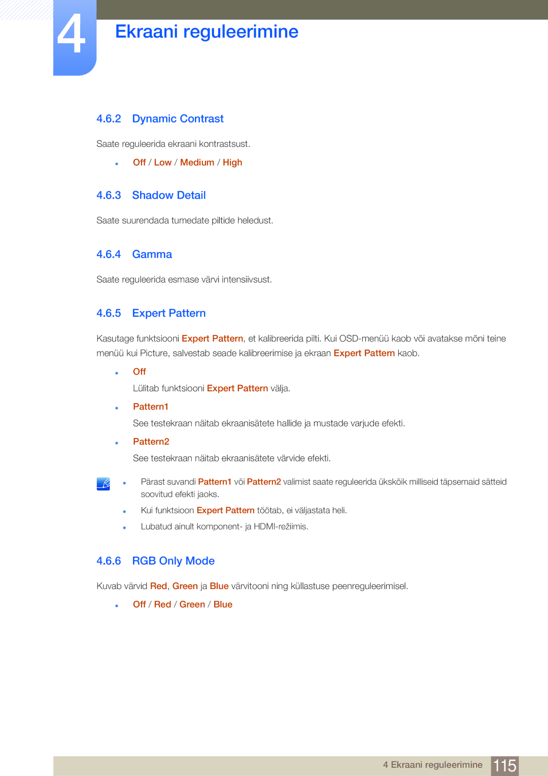 Samsung LH75MEBPLGC/EN manual Dynamic Contrast, Shadow Detail, Gamma, Expert Pattern, RGB Only Mode 