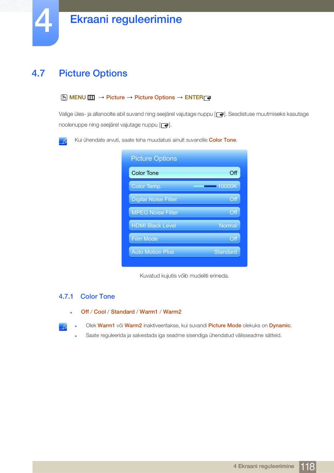 Samsung LH75MEBPLGC/EN manual Color Tone, Menu m Picture Picture Options Enter, Off / Cool / Standard / Warm1 / Warm2 