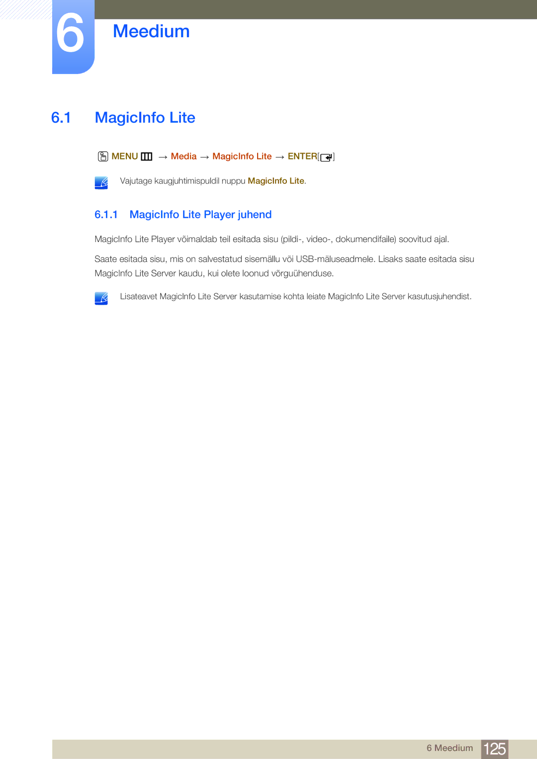 Samsung LH75MEBPLGC/EN manual Meedium, MagicInfo Lite Player juhend, Menu m Media MagicInfo Lite Enter 