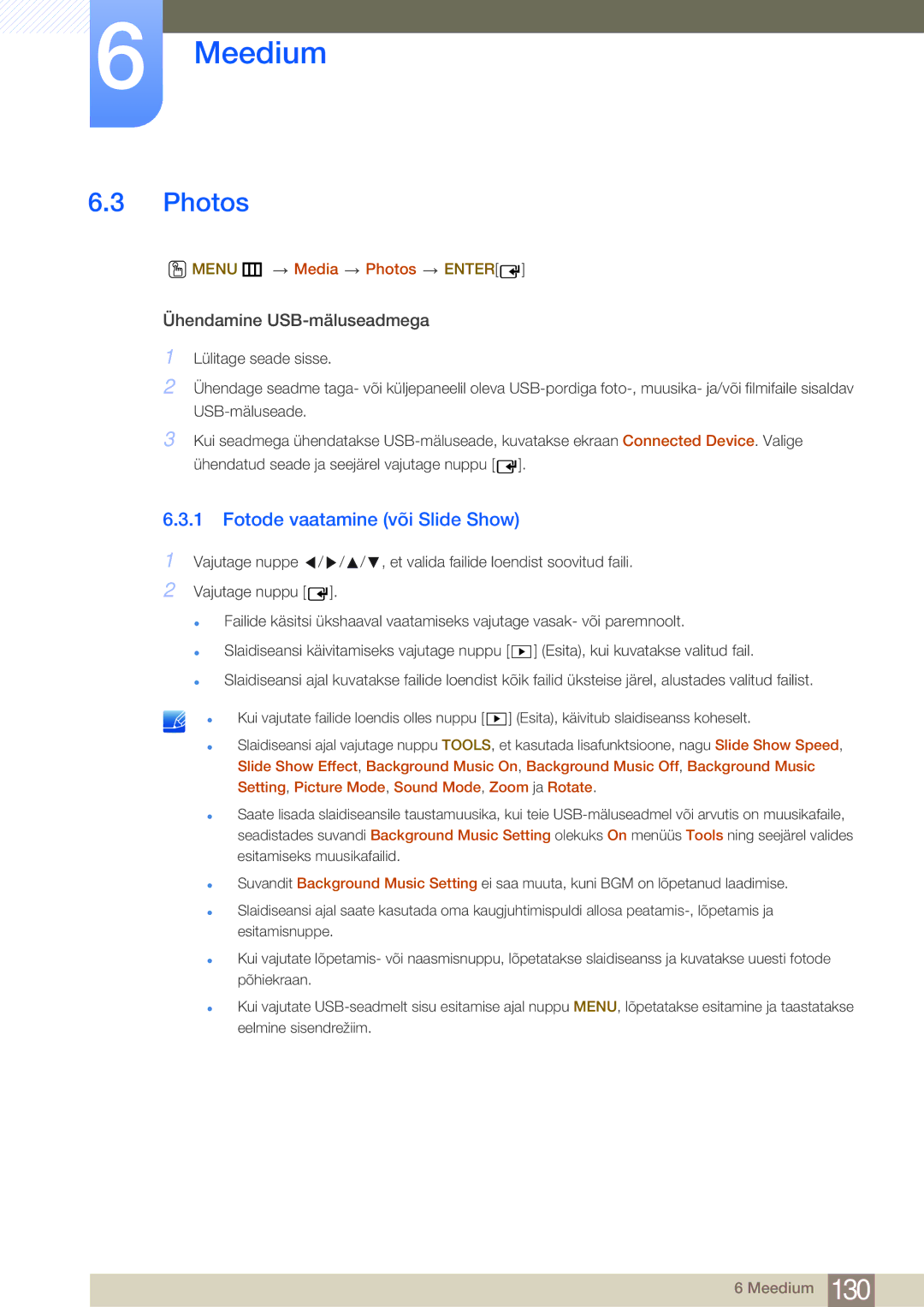 Samsung LH75MEBPLGC/EN manual Fotode vaatamine või Slide Show, Menu m Media Photos Enter 