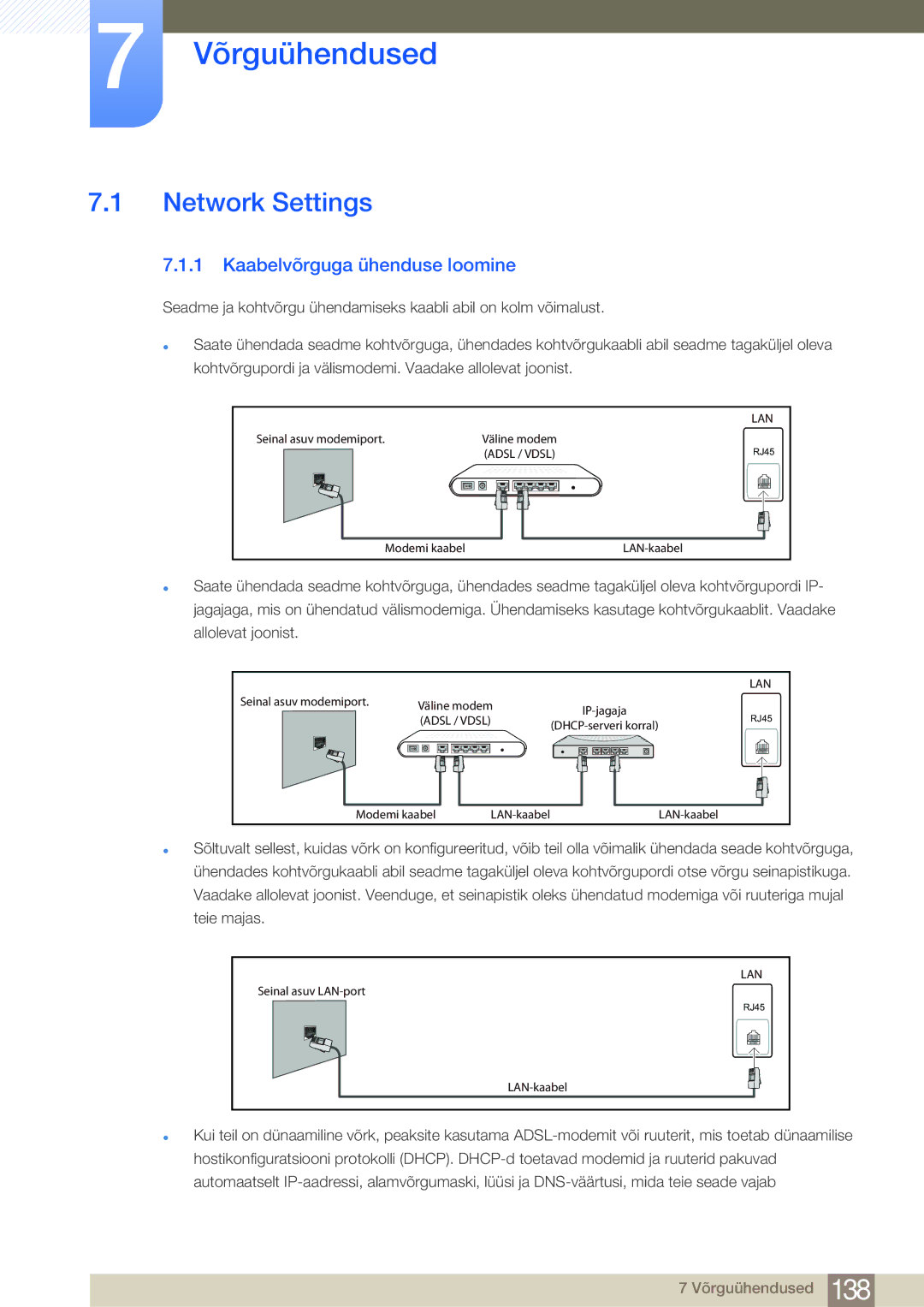 Samsung LH75MEBPLGC/EN manual Võrguühendused, Network Settings, Kaabelvõrguga ühenduse loomine 