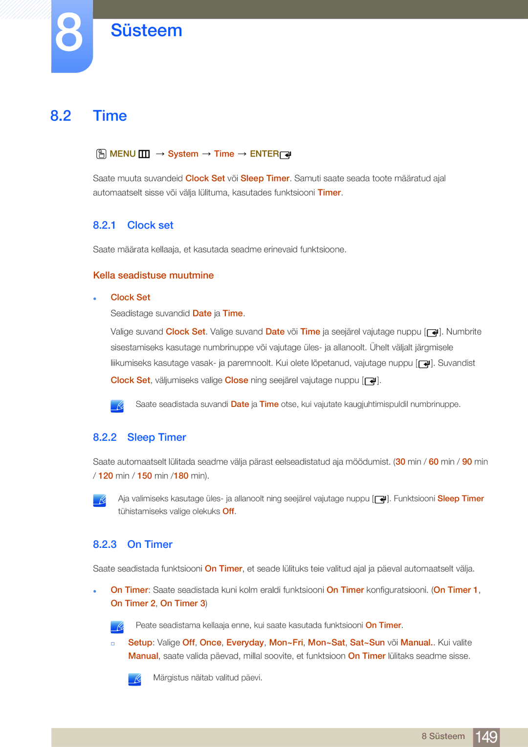Samsung LH75MEBPLGC/EN manual Clock set, Sleep Timer, On Timer, Kella seadistuse muutmine 