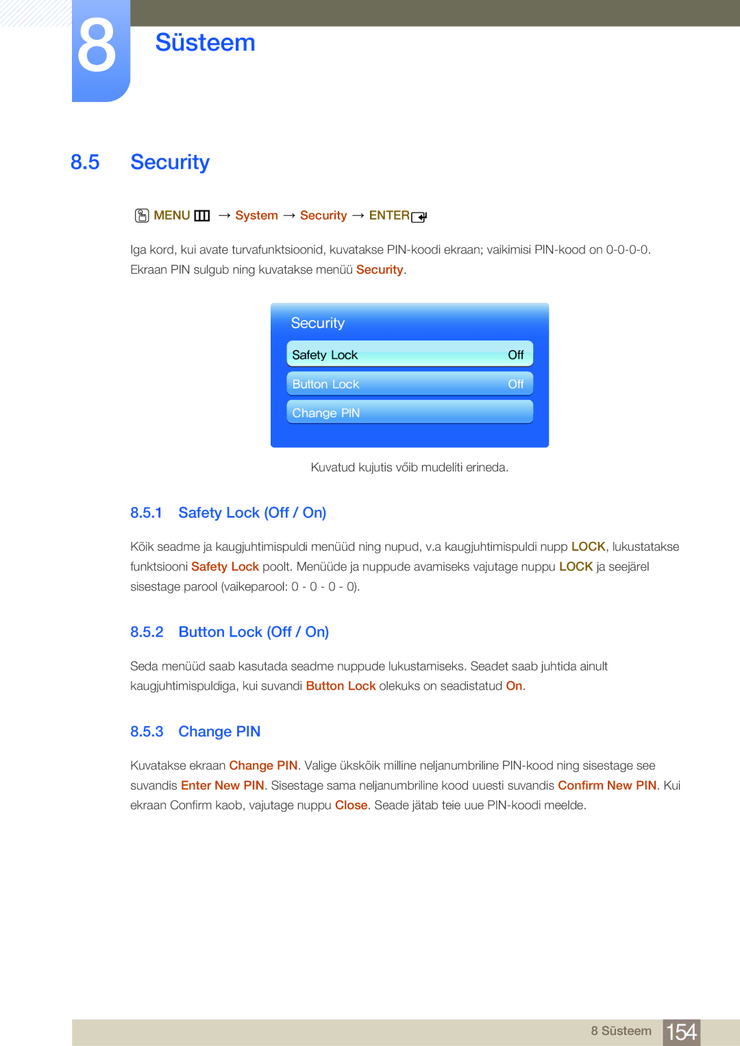 Samsung LH75MEBPLGC/EN manual Safety Lock Off / On, Button Lock Off / On, Change PIN, Menu m System Security Enter 