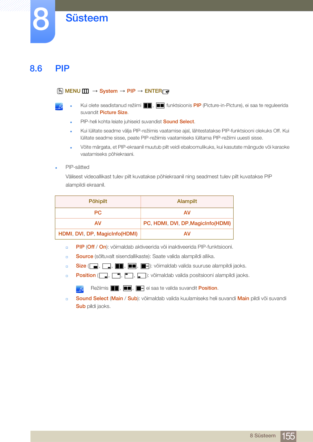 Samsung LH75MEBPLGC/EN manual Pip, Menu m System PIP Enter, Põhipilt Alampilt, PC, HDMI, DVI, DP,MagicInfoHDMI 
