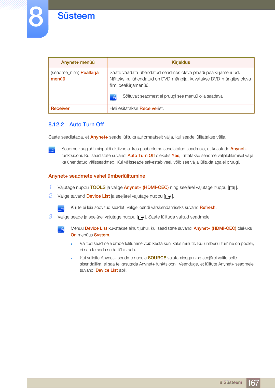 Samsung LH75MEBPLGC/EN manual Auto Turn Off, Anynet+ seadmete vahel ümberlülitumine, Menüü, Receiver 