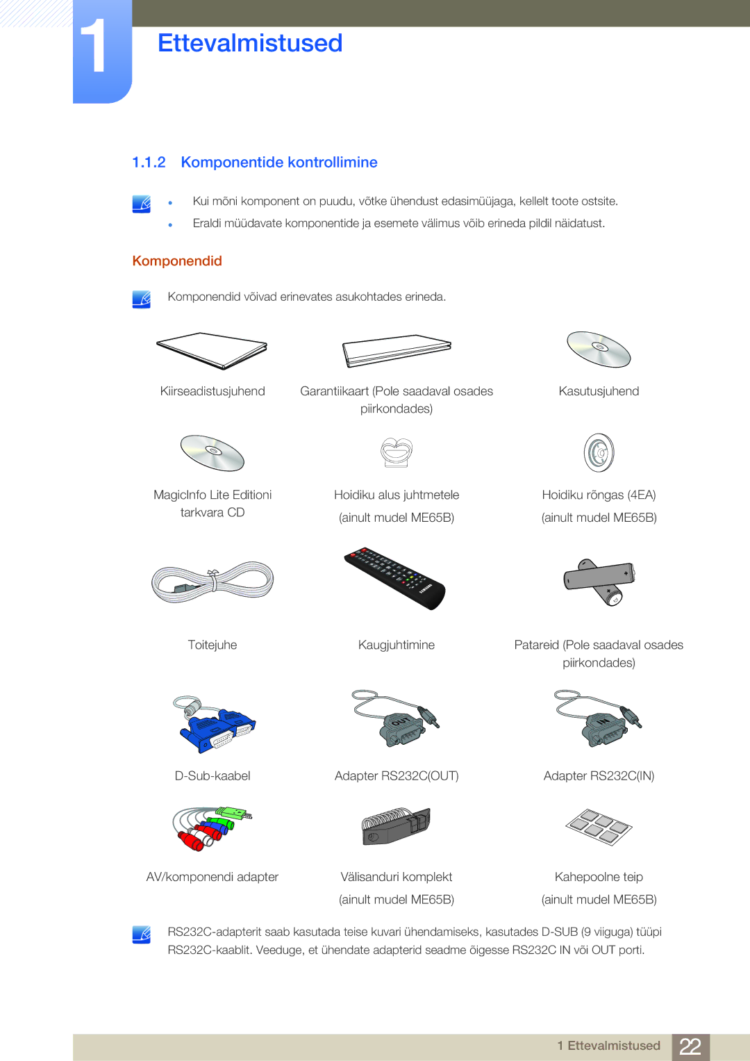 Samsung LH75MEBPLGC/EN manual Komponentide kontrollimine, Komponendid 