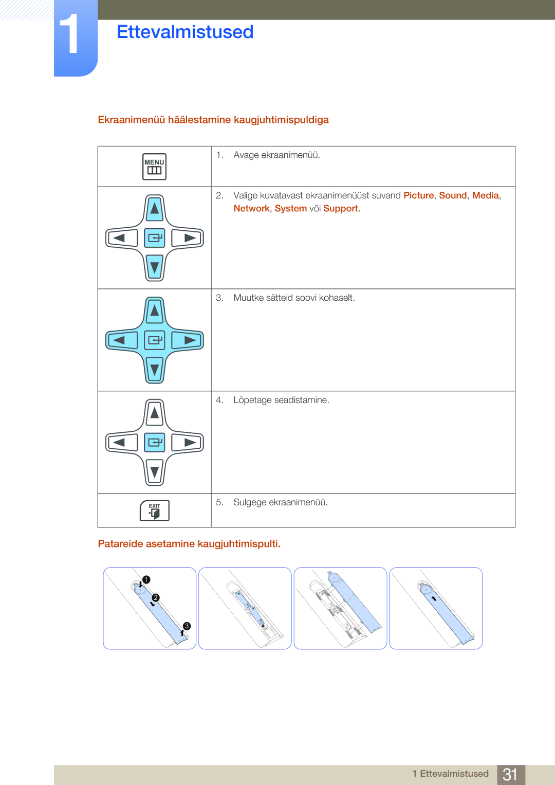 Samsung LH75MEBPLGC/EN manual Ekraanimenüü häälestamine kaugjuhtimispuldiga, Patareide asetamine kaugjuhtimispulti 