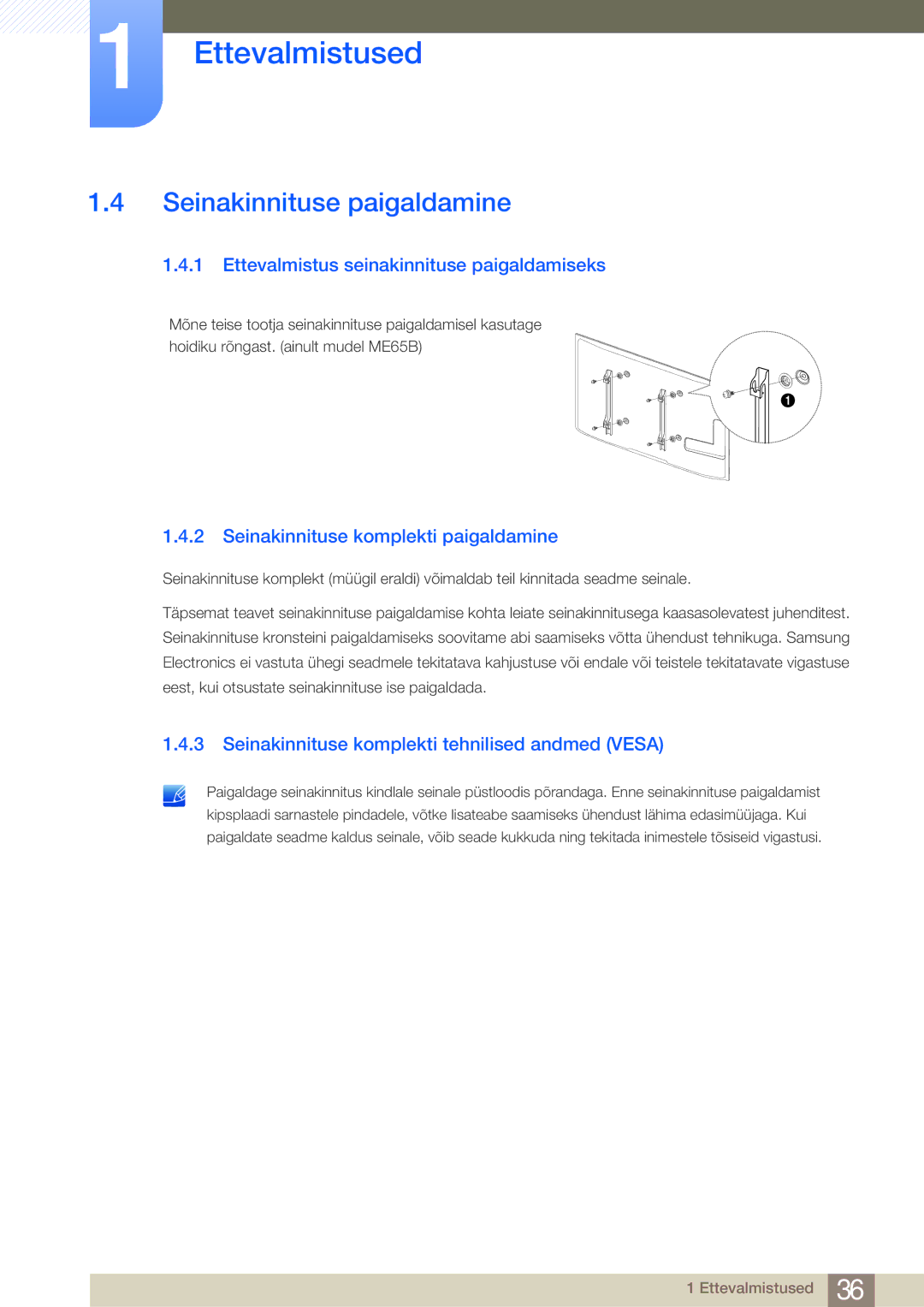 Samsung LH75MEBPLGC/EN manual Seinakinnituse paigaldamine, Ettevalmistus seinakinnituse paigaldamiseks 