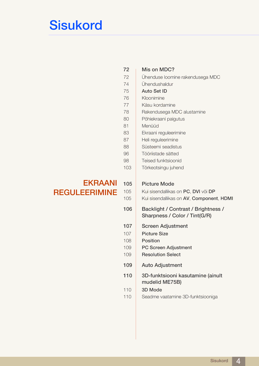 Samsung LH75MEBPLGC/EN manual Ekraani Reguleerimine 