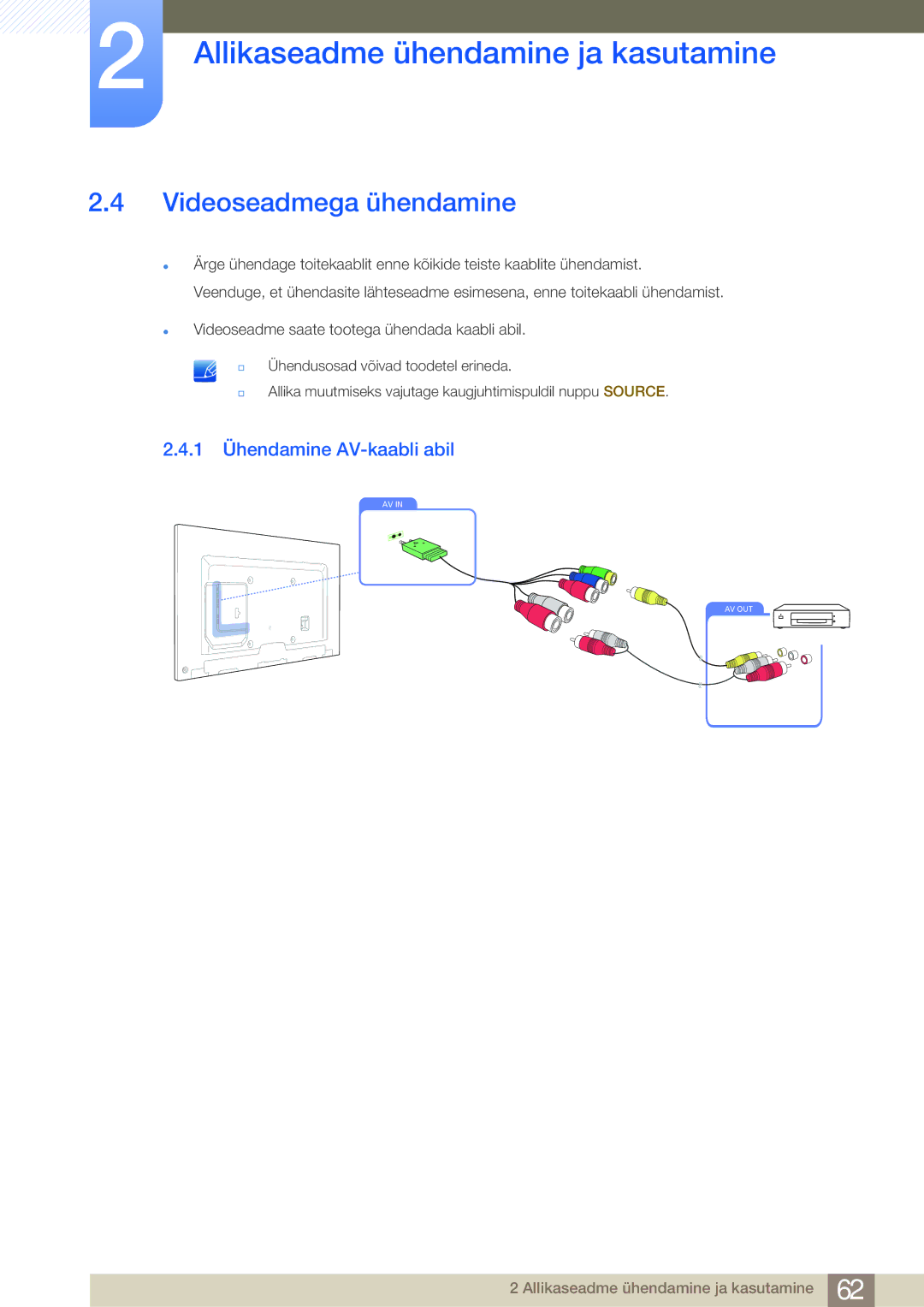 Samsung LH75MEBPLGC/EN manual Videoseadmega ühendamine, 1 Ühendamine AV-kaabli abil 