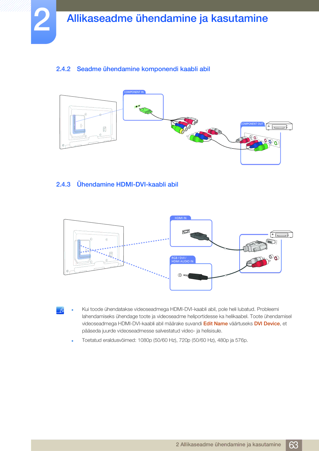 Samsung LH75MEBPLGC/EN manual Seadme ühendamine komponendi kaabli abil, 3 Ühendamine HDMI-DVI-kaabli abil 