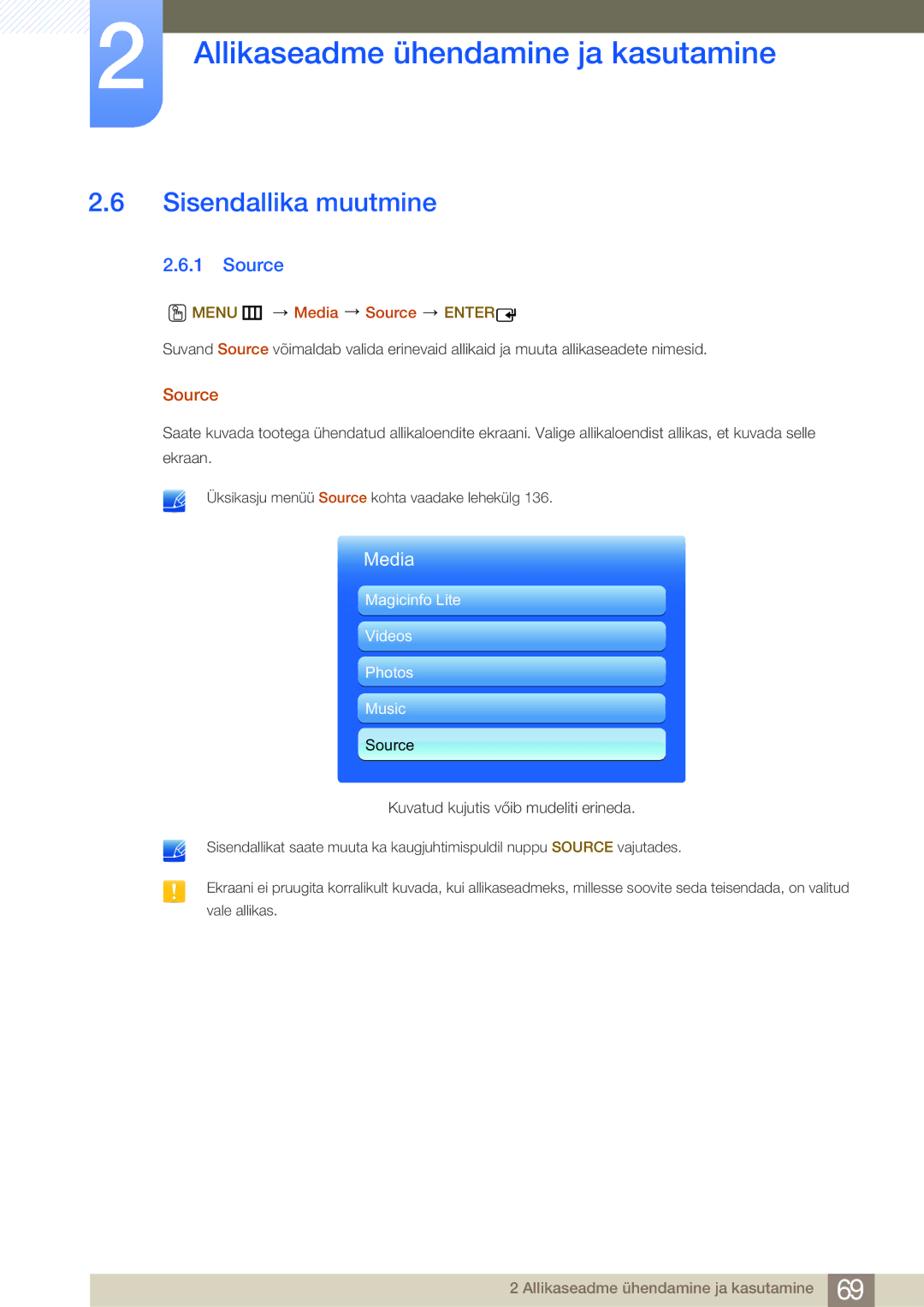 Samsung LH75MEBPLGC/EN manual Sisendallika muutmine, Menu m Media Source Enter 