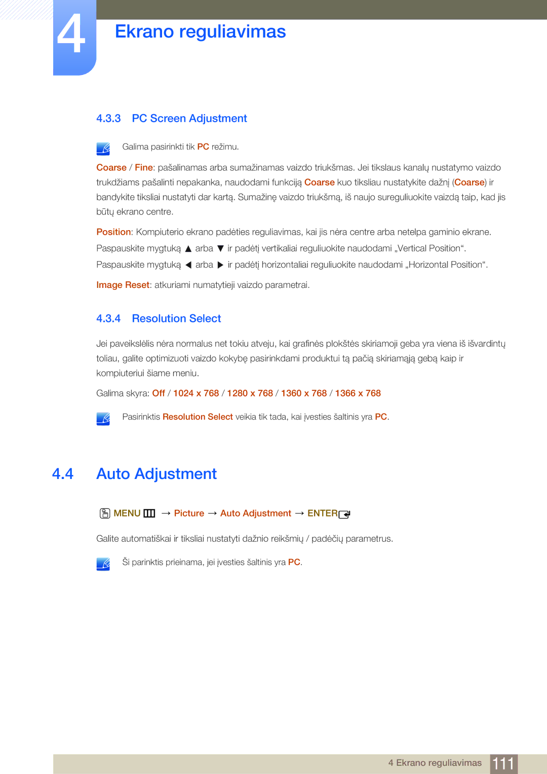 Samsung LH75MEBPLGC/EN manual PC Screen Adjustment, Resolution Select, Menu m Picture Auto Adjustment Enter 