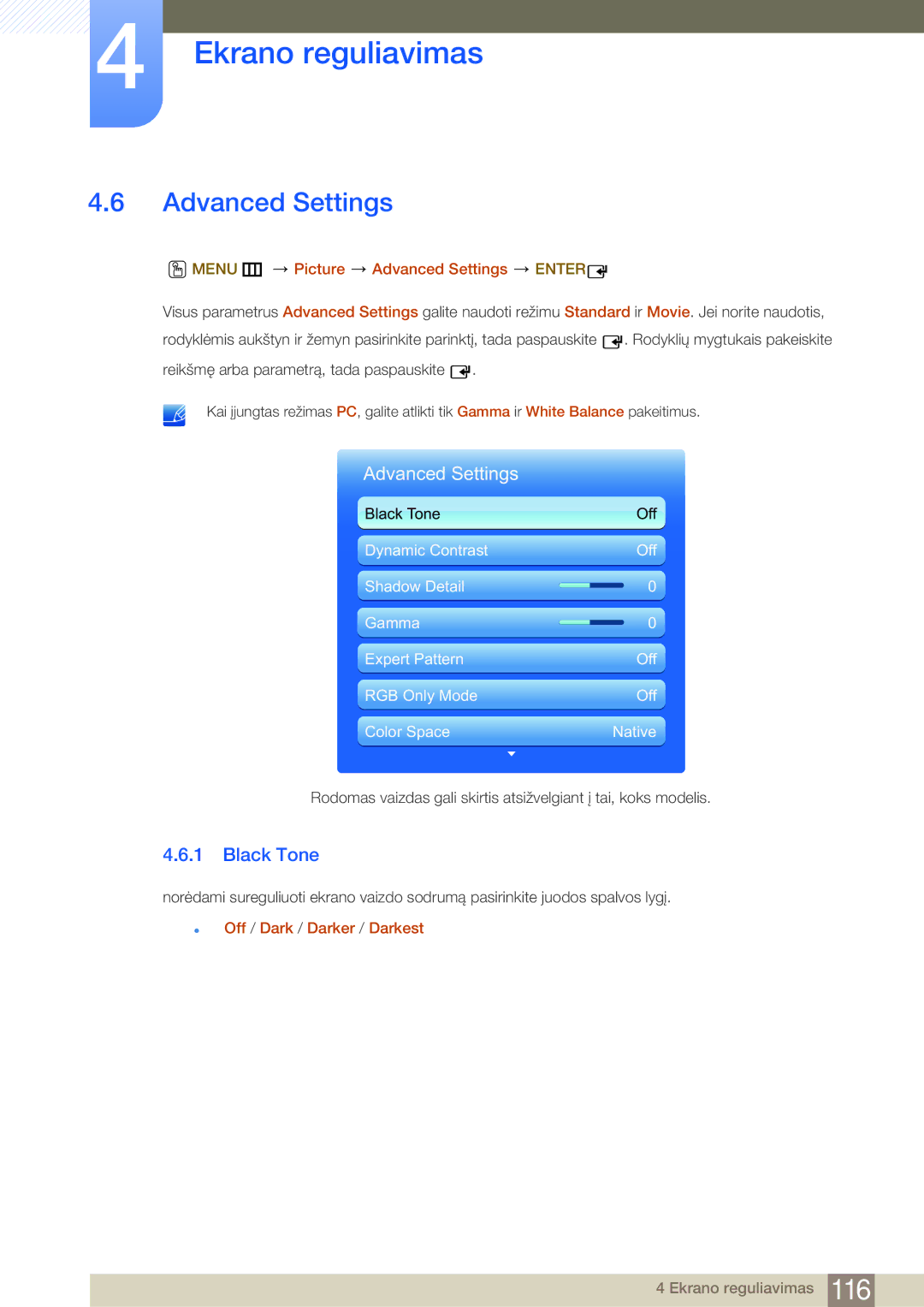 Samsung LH75MEBPLGC/EN manual Black Tone, Menu m Picture Advanced Settings Enter, Off / Dark / Darker / Darkest 