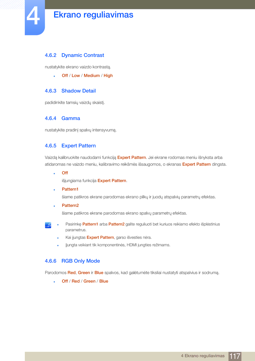 Samsung LH75MEBPLGC/EN manual Dynamic Contrast, Shadow Detail, Gamma, Expert Pattern, RGB Only Mode 