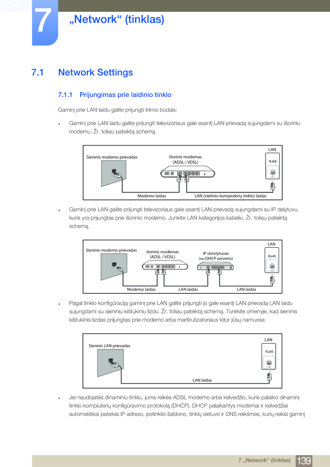 Samsung LH75MEBPLGC/EN manual „Network tinklas, Network Settings, Prijungimas prie laidinio tinklo 