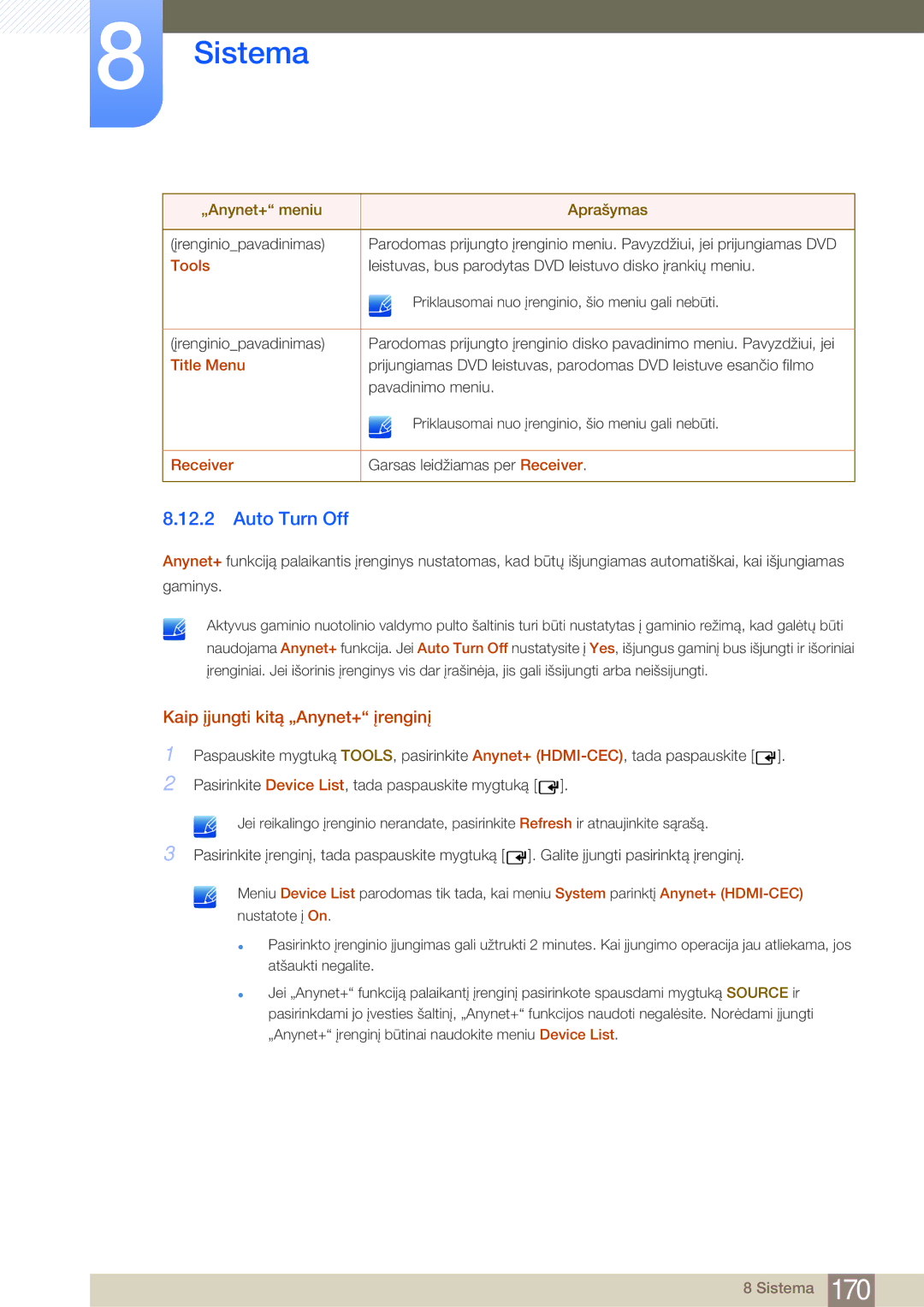 Samsung LH75MEBPLGC/EN manual Auto Turn Off, Kaip įjungti kitą „Anynet+ įrenginį, Tools, Title Menu, Receiver 